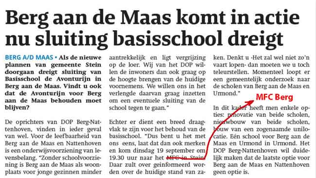 Dinsdag 19 september 2017: DORPSAVOND over basisschool in MFC Berg aan de Maas
